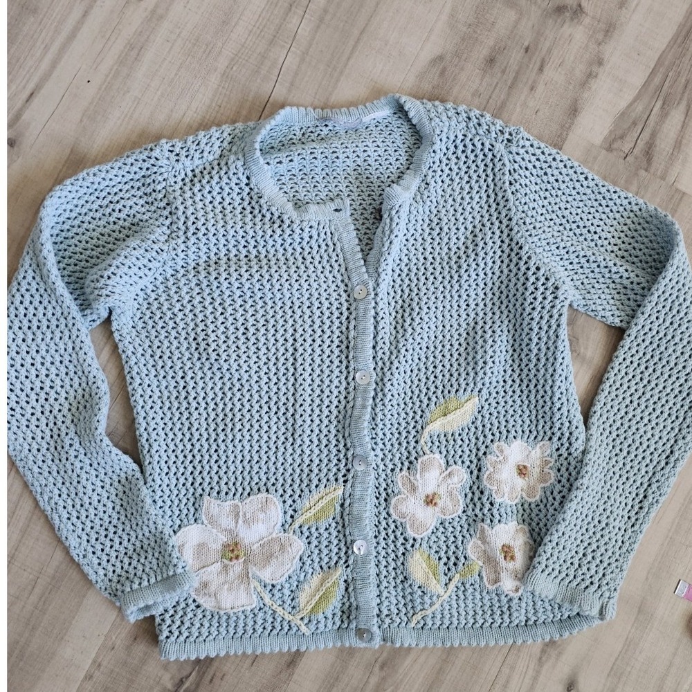 Vintage Light Blue Floral Appliqué Knit Cardigan Sweater - Women